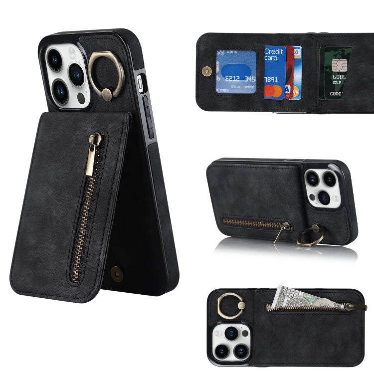 For iPhone 13 Pro Max Retro Ring and Zipper RFID Card Slot Phone Case