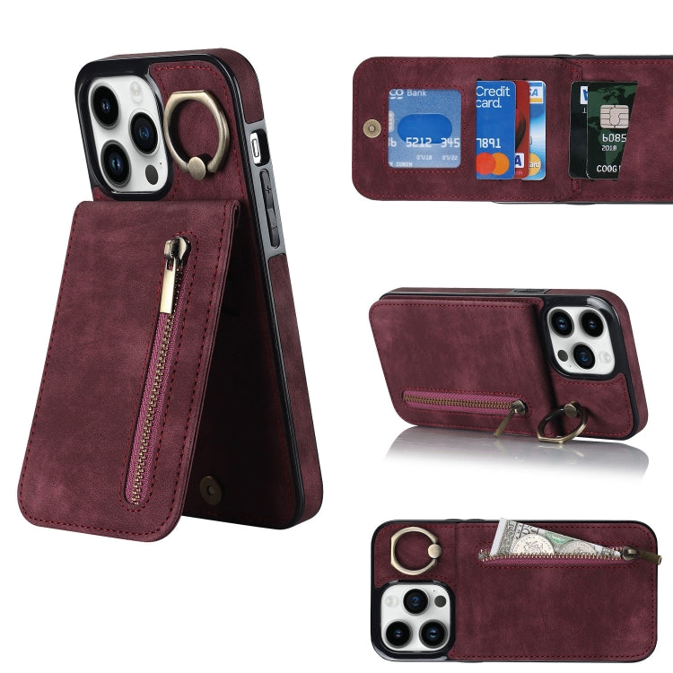 For iPhone 13 Pro Max Retro Ring and Zipper RFID Card Slot Phone Case