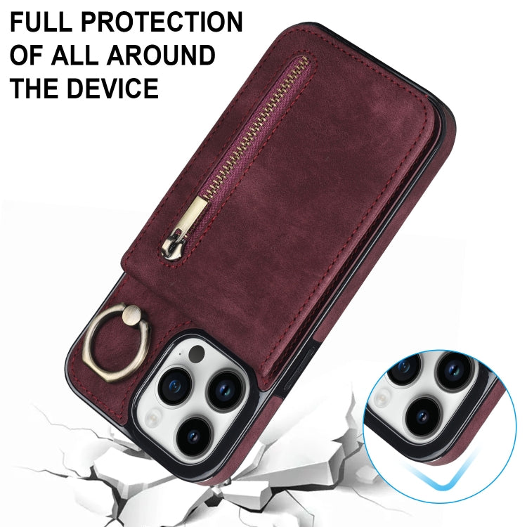 For iPhone 13 Pro Max Retro Ring and Zipper RFID Card Slot Phone Case