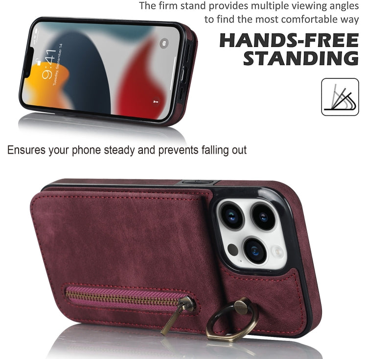 For iPhone 13 Pro Max Retro Ring and Zipper RFID Card Slot Phone Case