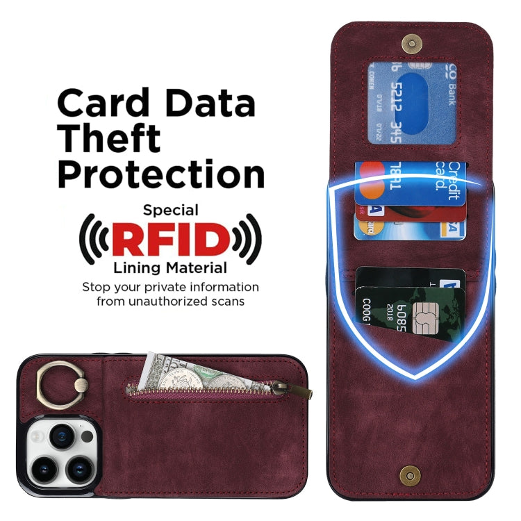 For iPhone 13 Pro Max Retro Ring and Zipper RFID Card Slot Phone Case