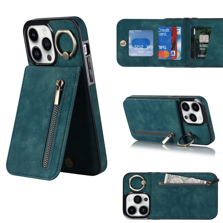 For iPhone 13 Pro Max Retro Ring and Zipper RFID Card Slot Phone Case