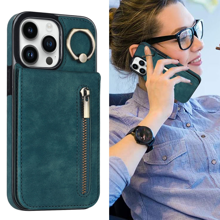 For iPhone 13 Pro Max Retro Ring and Zipper RFID Card Slot Phone Case