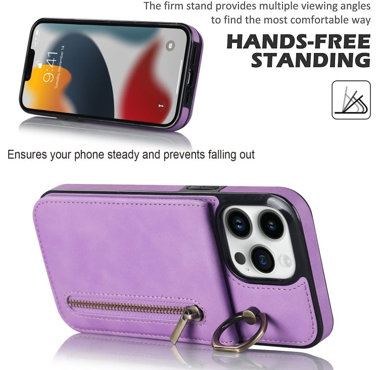 For iPhone 13 Pro Max Retro Ring and Zipper RFID Card Slot Phone Case