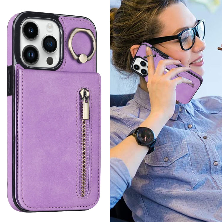 For iPhone 13 Pro Max Retro Ring and Zipper RFID Card Slot Phone Case