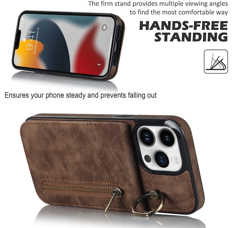 For iPhone 13 Pro Max Retro Ring and Zipper RFID Card Slot Phone Case