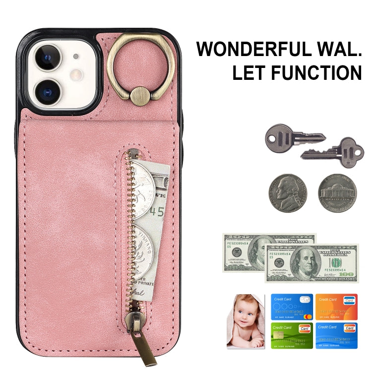 For iPhone 12 Retro Ring and Zipper RFID Card Slot Phone Case