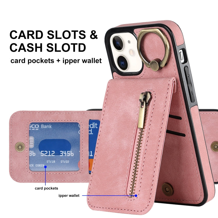 For iPhone 12 Retro Ring and Zipper RFID Card Slot Phone Case