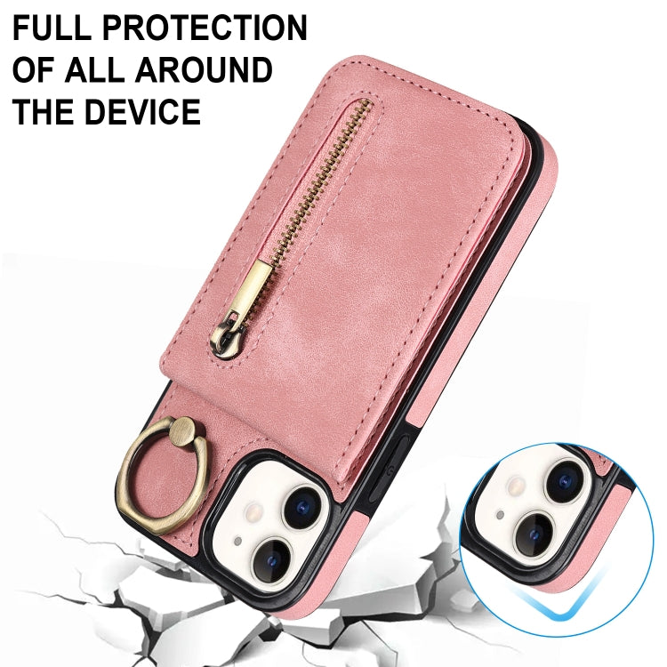 For iPhone 12 Retro Ring and Zipper RFID Card Slot Phone Case