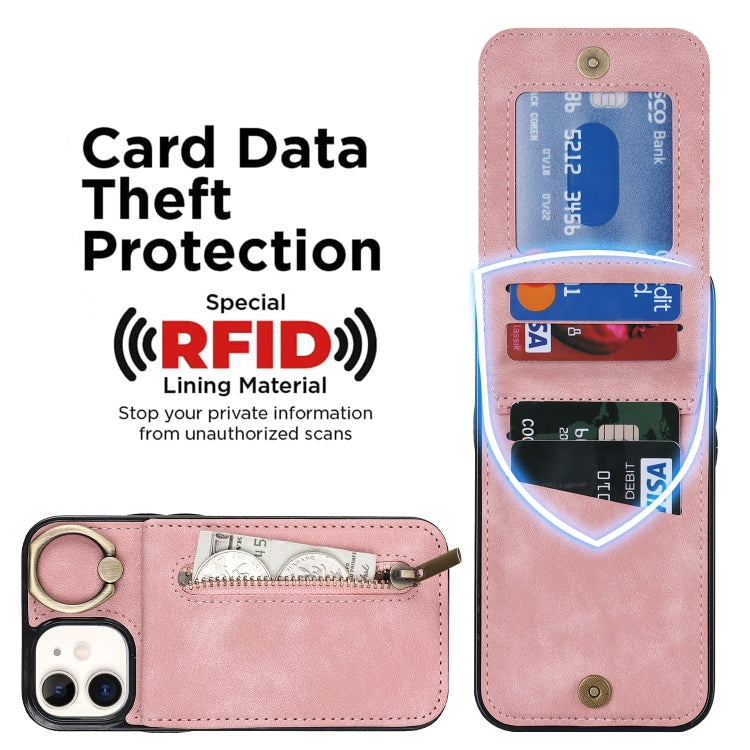 For iPhone 12 Retro Ring and Zipper RFID Card Slot Phone Case