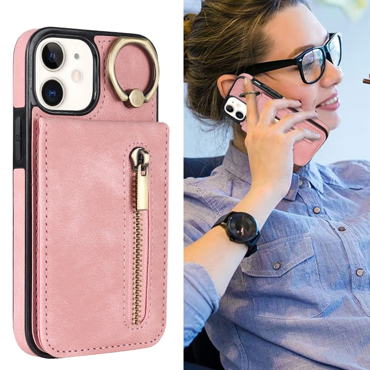 For iPhone 12 Retro Ring and Zipper RFID Card Slot Phone Case