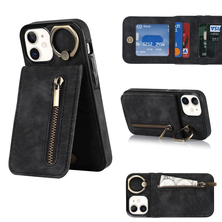 For iPhone 12 Retro Ring and Zipper RFID Card Slot Phone Case