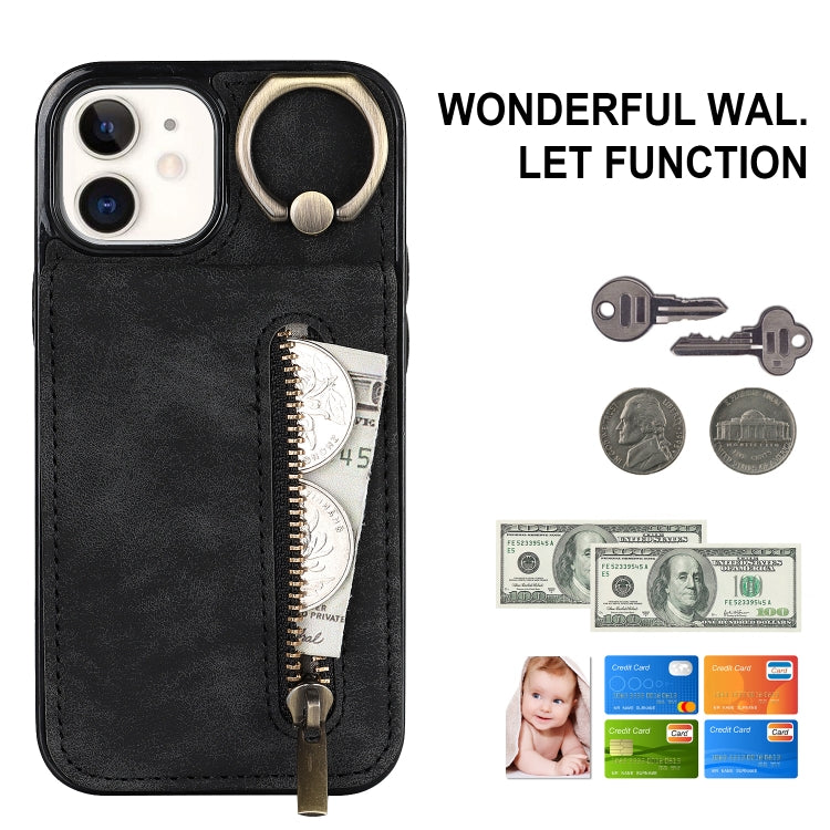 For iPhone 12 Retro Ring and Zipper RFID Card Slot Phone Case