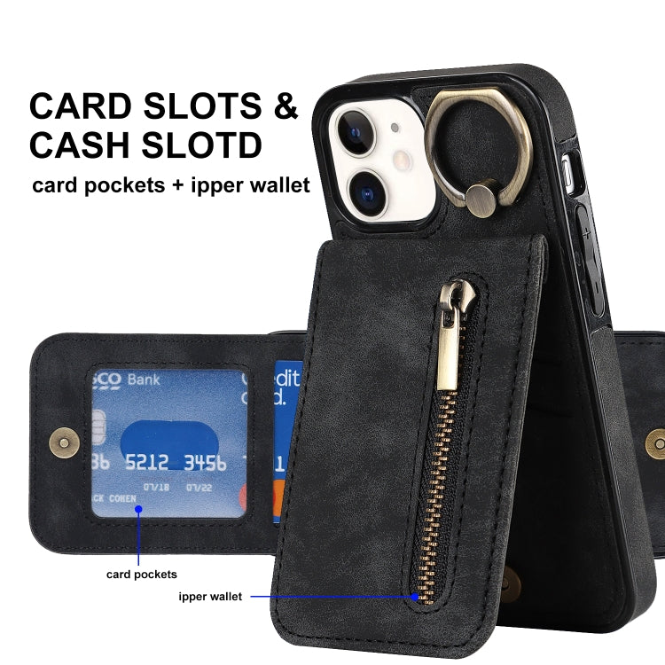 For iPhone 12 Retro Ring and Zipper RFID Card Slot Phone Case