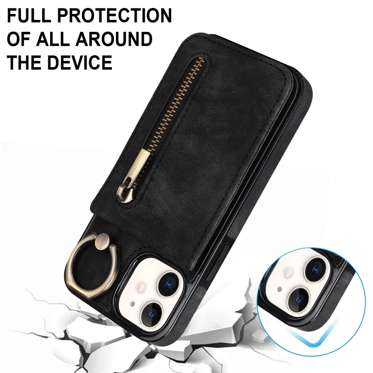 For iPhone 12 Retro Ring and Zipper RFID Card Slot Phone Case