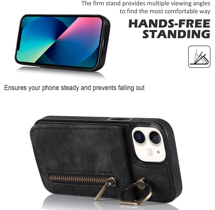 For iPhone 12 Retro Ring and Zipper RFID Card Slot Phone Case