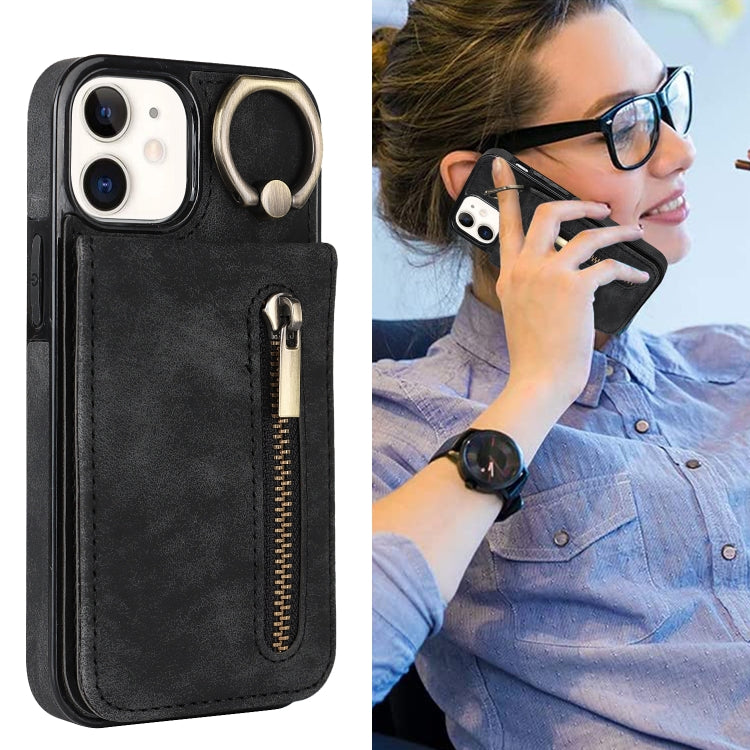 For iPhone 12 Retro Ring and Zipper RFID Card Slot Phone Case