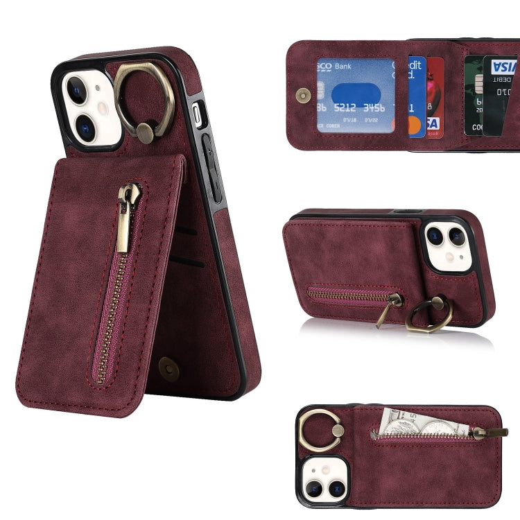 For iPhone 12 Retro Ring and Zipper RFID Card Slot Phone Case