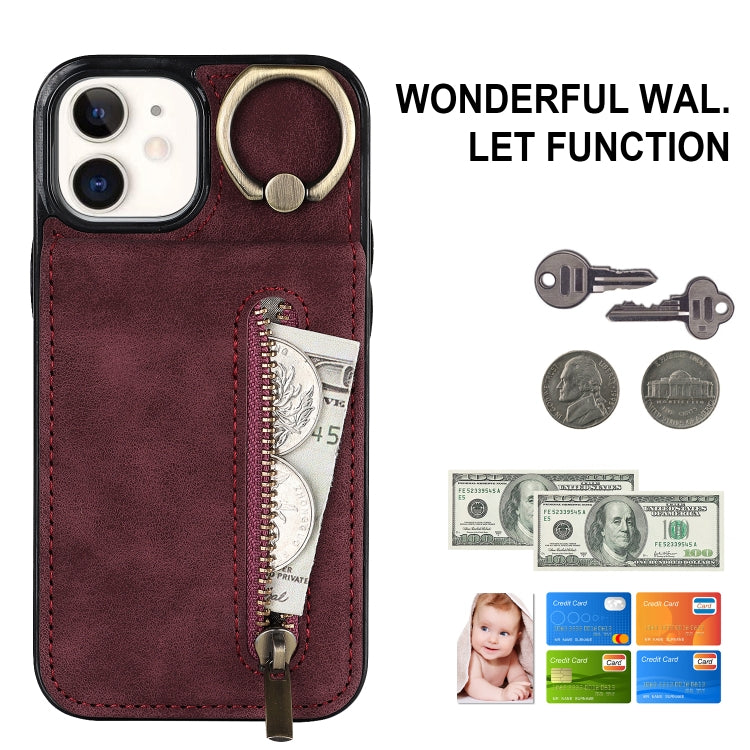 For iPhone 12 Retro Ring and Zipper RFID Card Slot Phone Case
