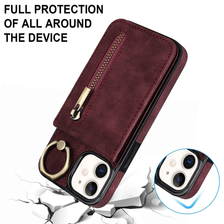 For iPhone 12 Retro Ring and Zipper RFID Card Slot Phone Case