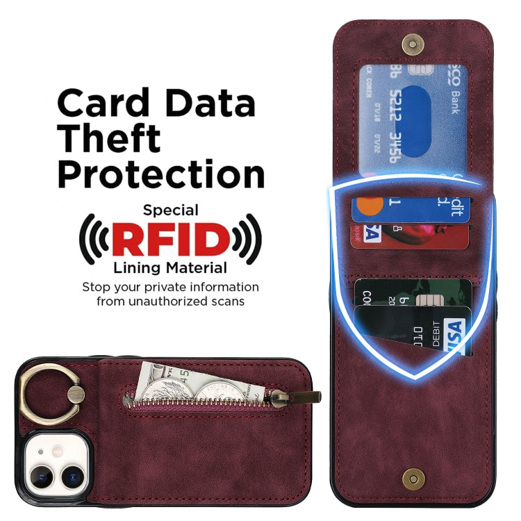 For iPhone 12 Retro Ring and Zipper RFID Card Slot Phone Case