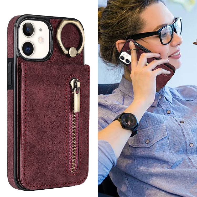 For iPhone 12 Retro Ring and Zipper RFID Card Slot Phone Case