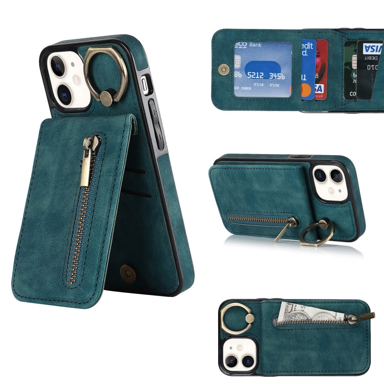 For iPhone 12 Retro Ring and Zipper RFID Card Slot Phone Case
