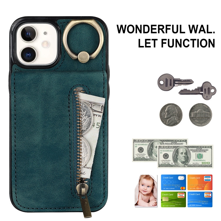 For iPhone 12 Retro Ring and Zipper RFID Card Slot Phone Case
