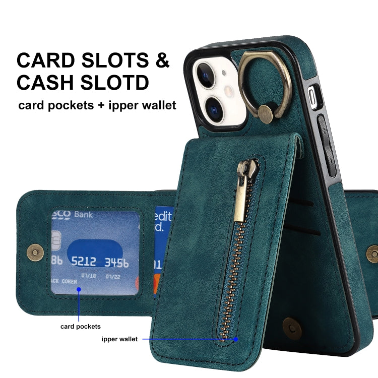 For iPhone 12 Retro Ring and Zipper RFID Card Slot Phone Case
