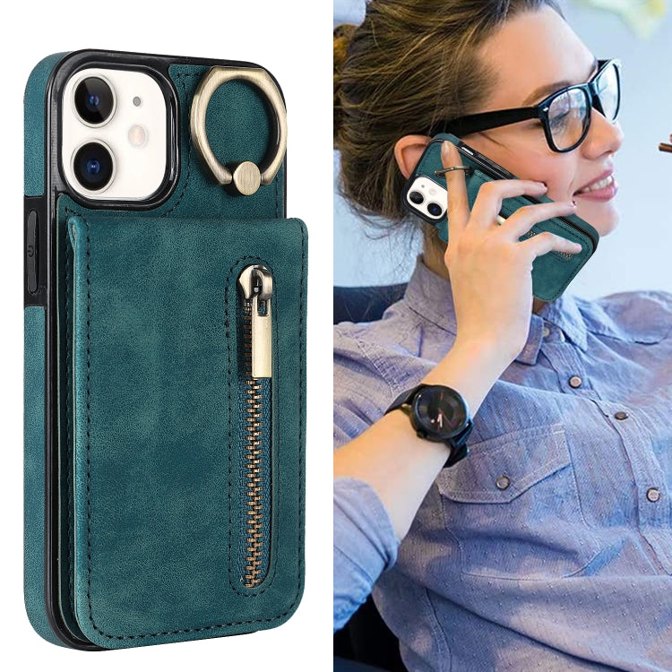 For iPhone 12 Retro Ring and Zipper RFID Card Slot Phone Case