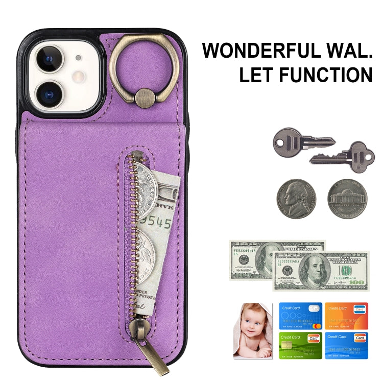 For iPhone 12 Retro Ring and Zipper RFID Card Slot Phone Case