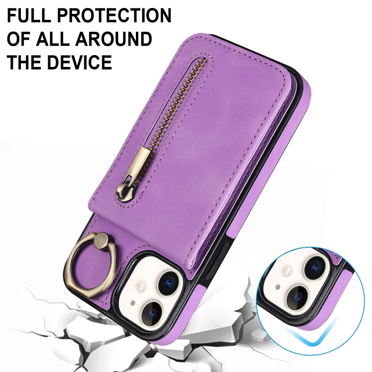 For iPhone 12 Retro Ring and Zipper RFID Card Slot Phone Case