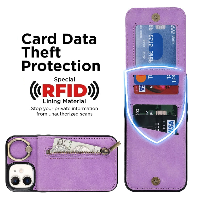 For iPhone 12 Retro Ring and Zipper RFID Card Slot Phone Case