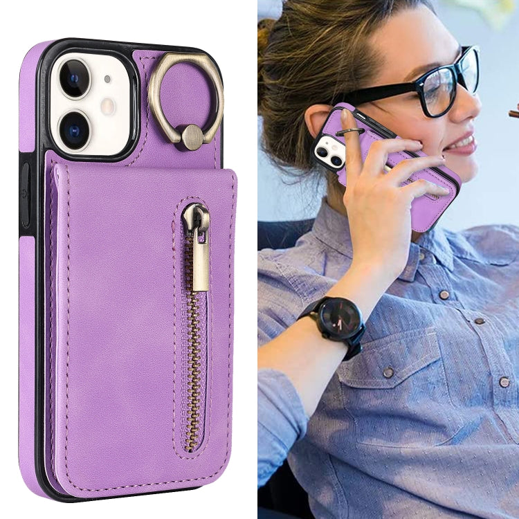 For iPhone 12 Retro Ring and Zipper RFID Card Slot Phone Case
