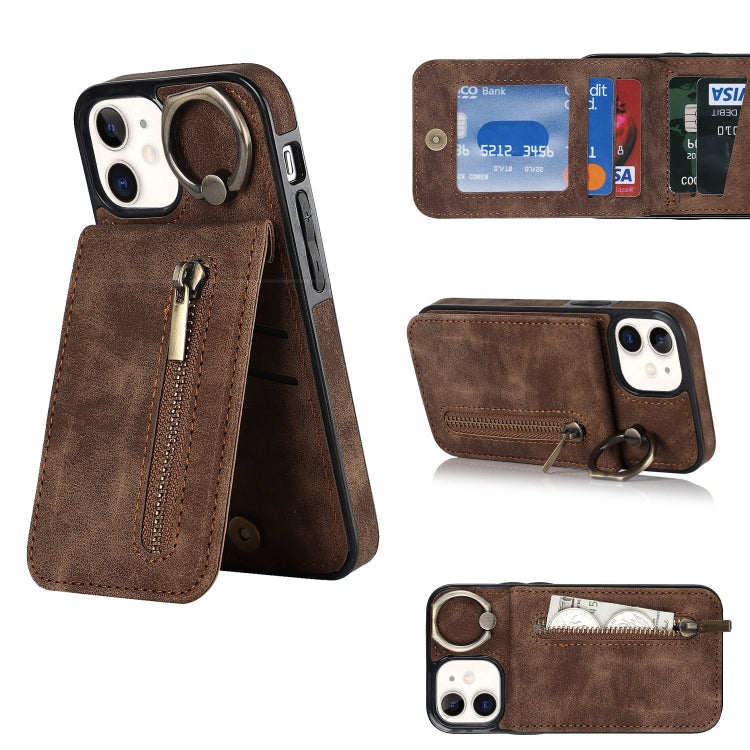 For iPhone 12 Retro Ring and Zipper RFID Card Slot Phone Case