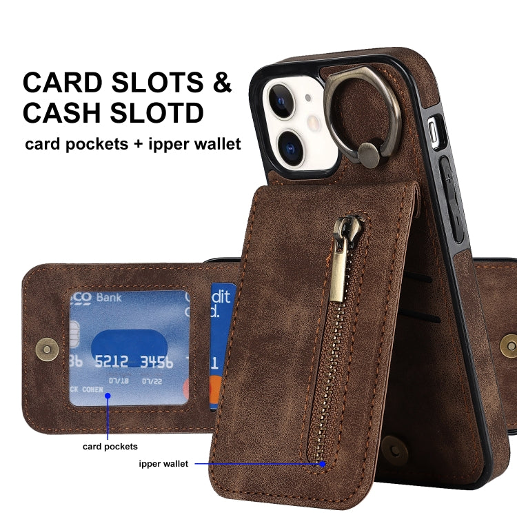 For iPhone 12 Retro Ring and Zipper RFID Card Slot Phone Case