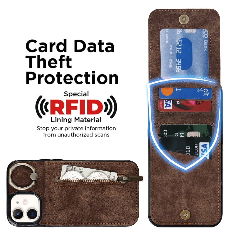 For iPhone 12 Retro Ring and Zipper RFID Card Slot Phone Case