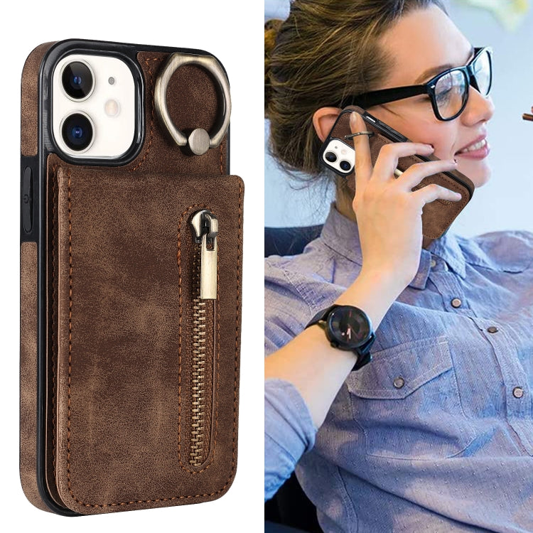 For iPhone 12 Retro Ring and Zipper RFID Card Slot Phone Case