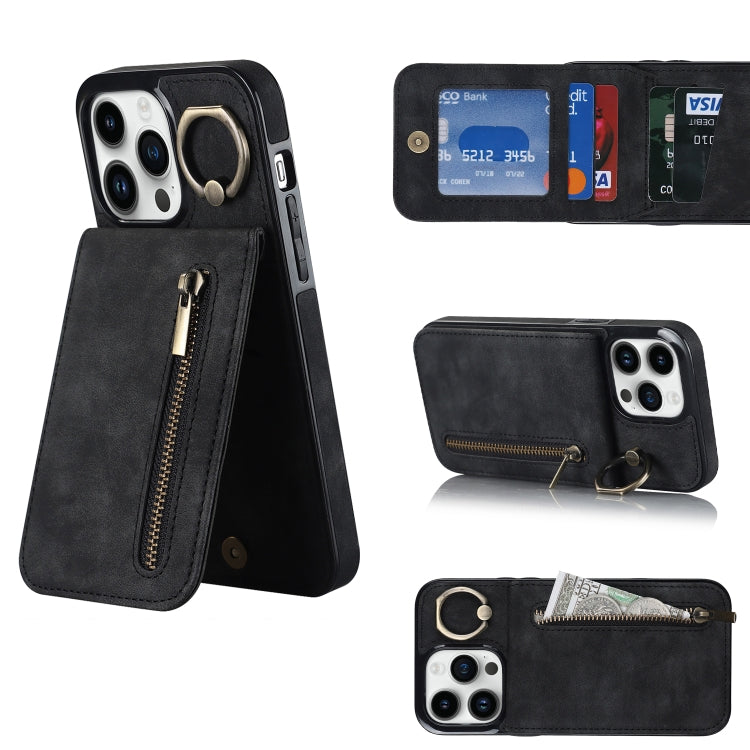 For iPhone 12 Pro Retro Ring and Zipper RFID Card Slot Phone Case