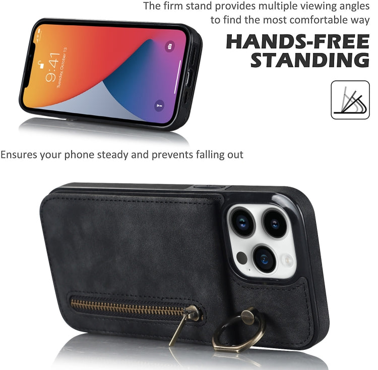 For iPhone 12 Pro Retro Ring and Zipper RFID Card Slot Phone Case