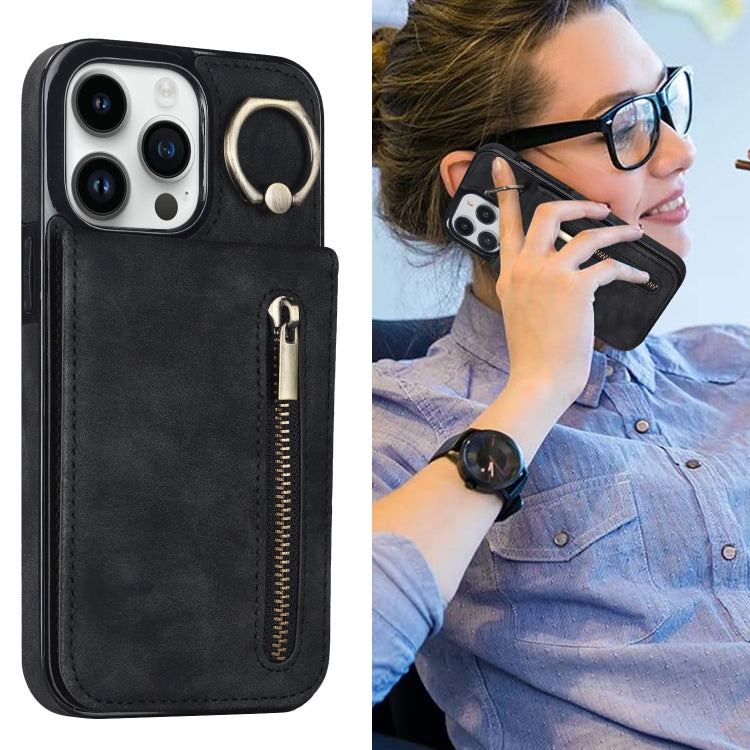 For iPhone 12 Pro Retro Ring and Zipper RFID Card Slot Phone Case