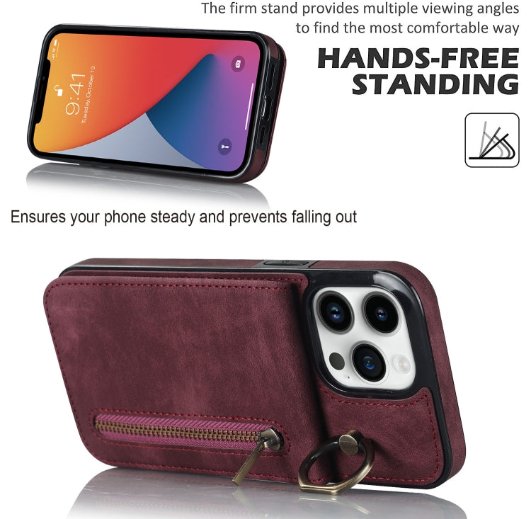 For iPhone 12 Pro Retro Ring and Zipper RFID Card Slot Phone Case