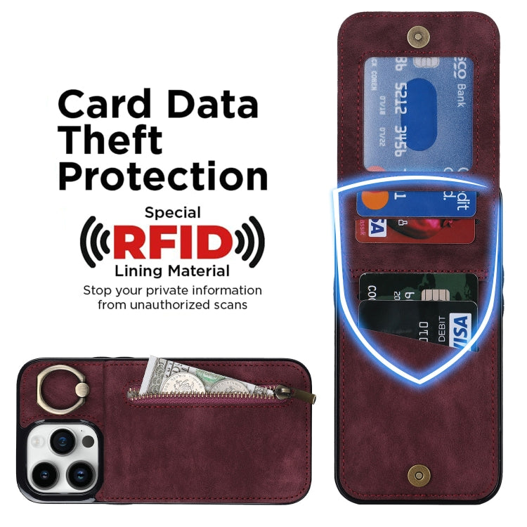 For iPhone 12 Pro Retro Ring and Zipper RFID Card Slot Phone Case