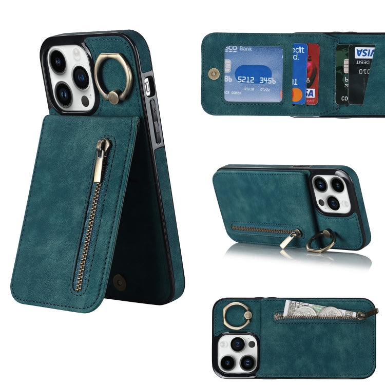 For iPhone 12 Pro Retro Ring and Zipper RFID Card Slot Phone Case