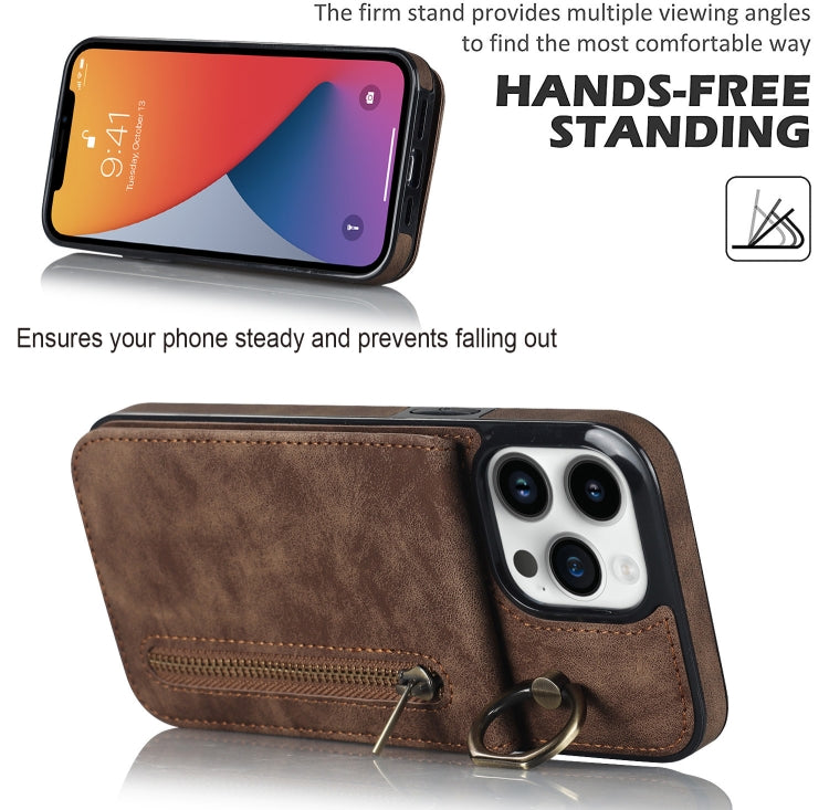 For iPhone 12 Pro Retro Ring and Zipper RFID Card Slot Phone Case