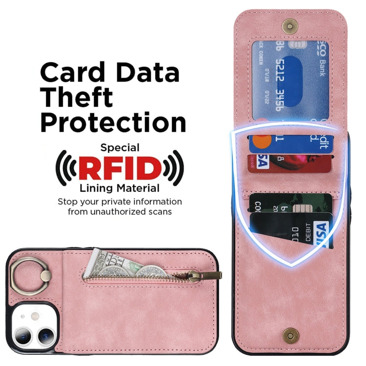 For iPhone 11 Retro Ring and Zipper RFID Card Slot Phone Case