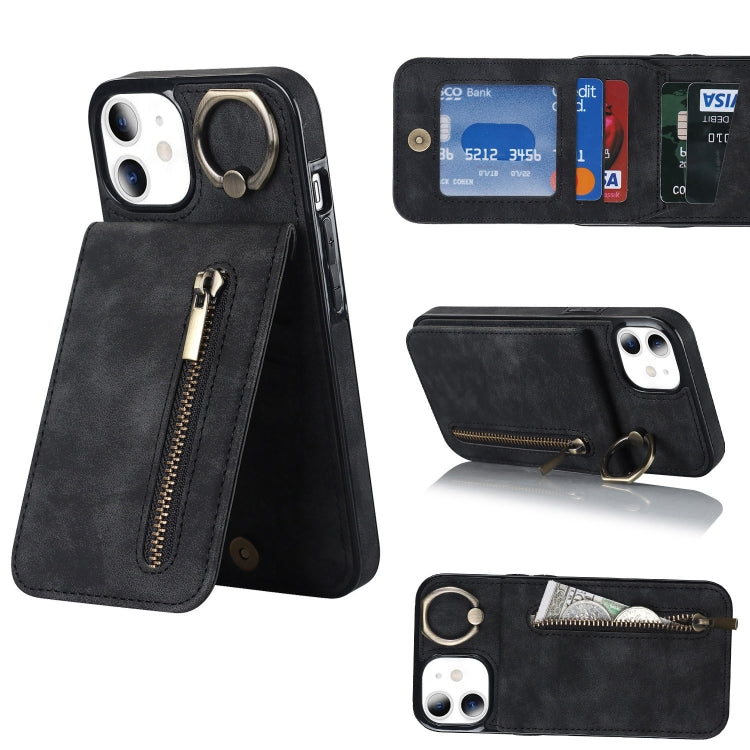 For iPhone 11 Retro Ring and Zipper RFID Card Slot Phone Case
