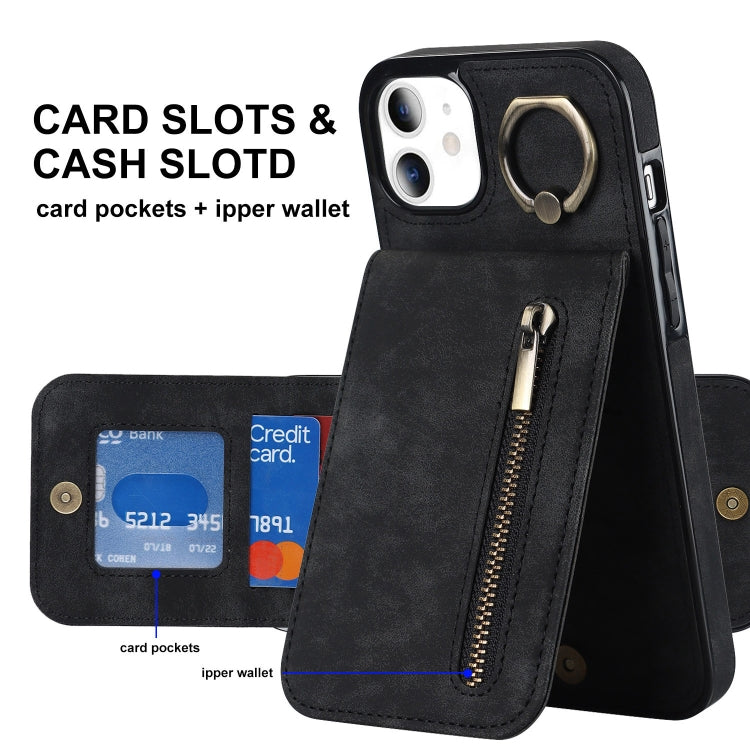 For iPhone 11 Retro Ring and Zipper RFID Card Slot Phone Case