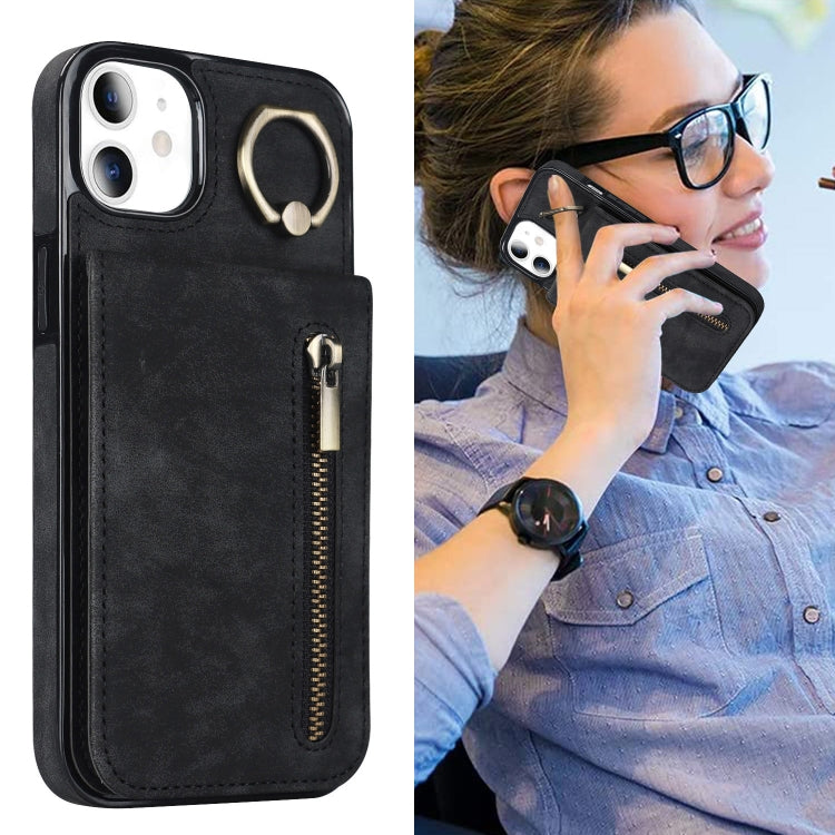 For iPhone 11 Retro Ring and Zipper RFID Card Slot Phone Case