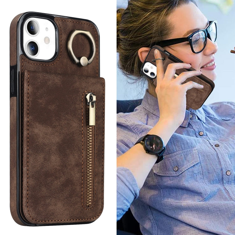 For iPhone 11 Retro Ring and Zipper RFID Card Slot Phone Case